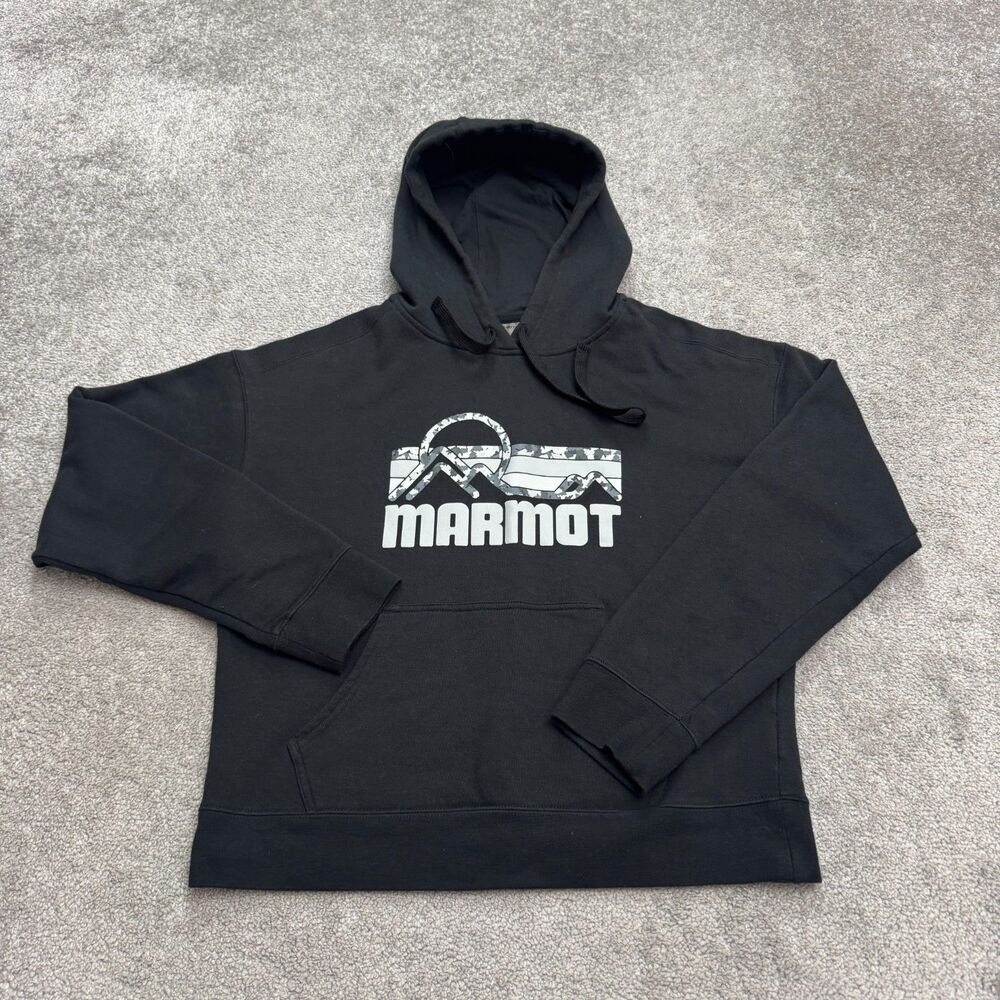 Marmot Pullover Graphic Hoodie Sweatshirt Women Large Black Camo Mountain Fleece
